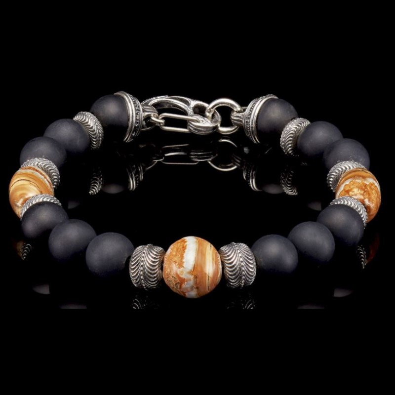 William Henry Ice Age Beaded Bracelet with Sterling Silver  Fossil Mammoth Tooth and Black Onyx